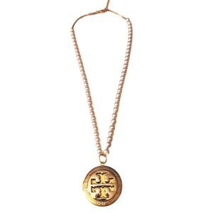 Tory Burch Medallion Repurposed onto Vintage Locket on 16" Adj Pearl Necklace
